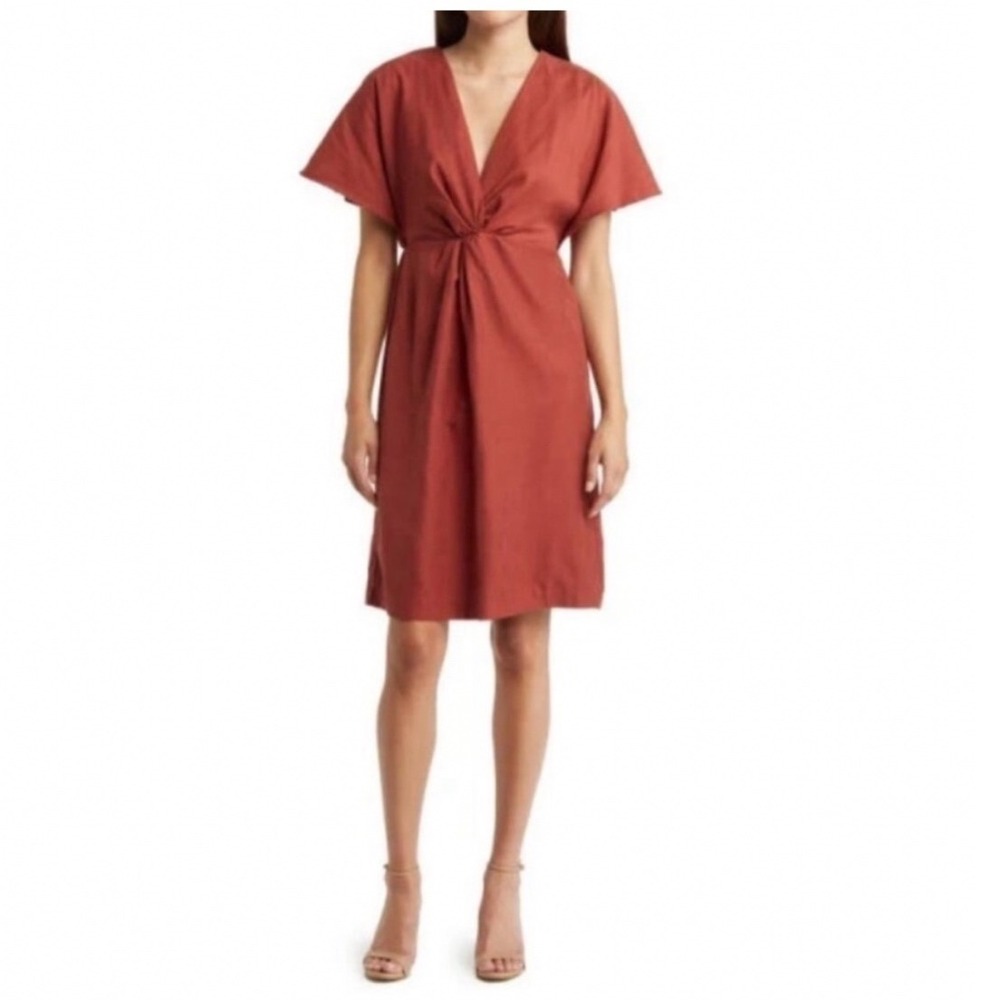 Julia Jordan Twist Front Dress Womens 14 Rust Red V-Neck Flutter Sleeve‎ Midi